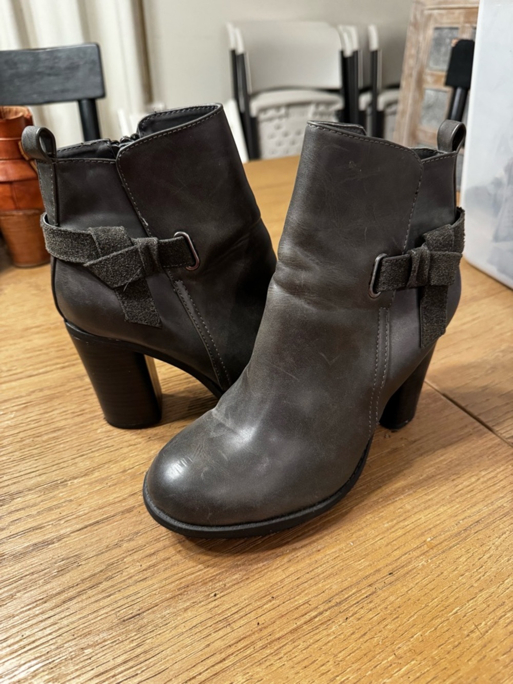 A+ Women's Gray Leather High Heel Ankle Boots